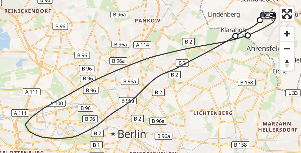 Flugroute Polizeihubschrauber Ahrensfelde Hubschrauberlandeplatz - Ahrensfelde Hubschrauberlandeplatz, 04 Juni 2026, 22:45
