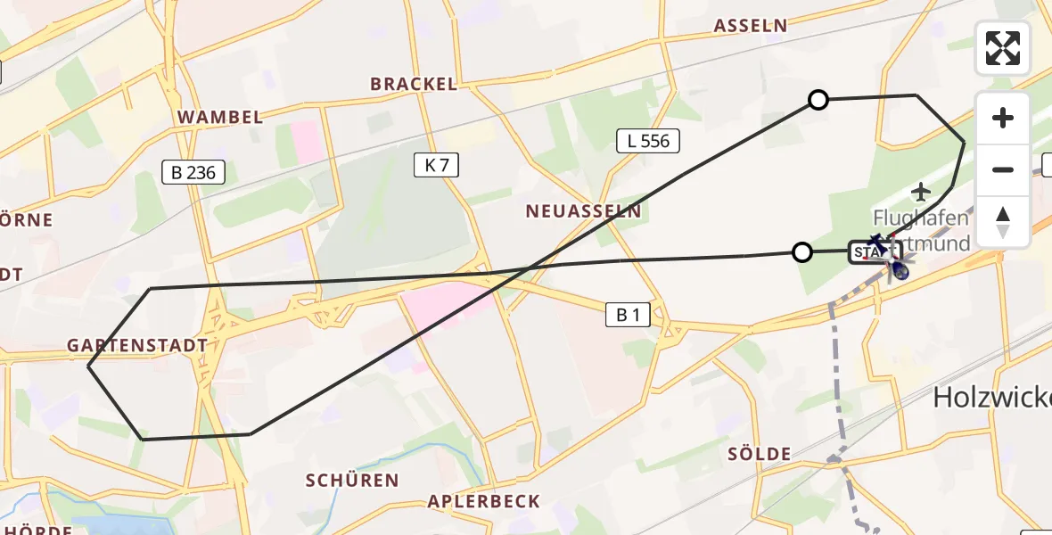 Flugroute Polizeihubschrauber Dortmund Flughafen - Dortmund Flughafen, 04 Juni 2026, 23:01