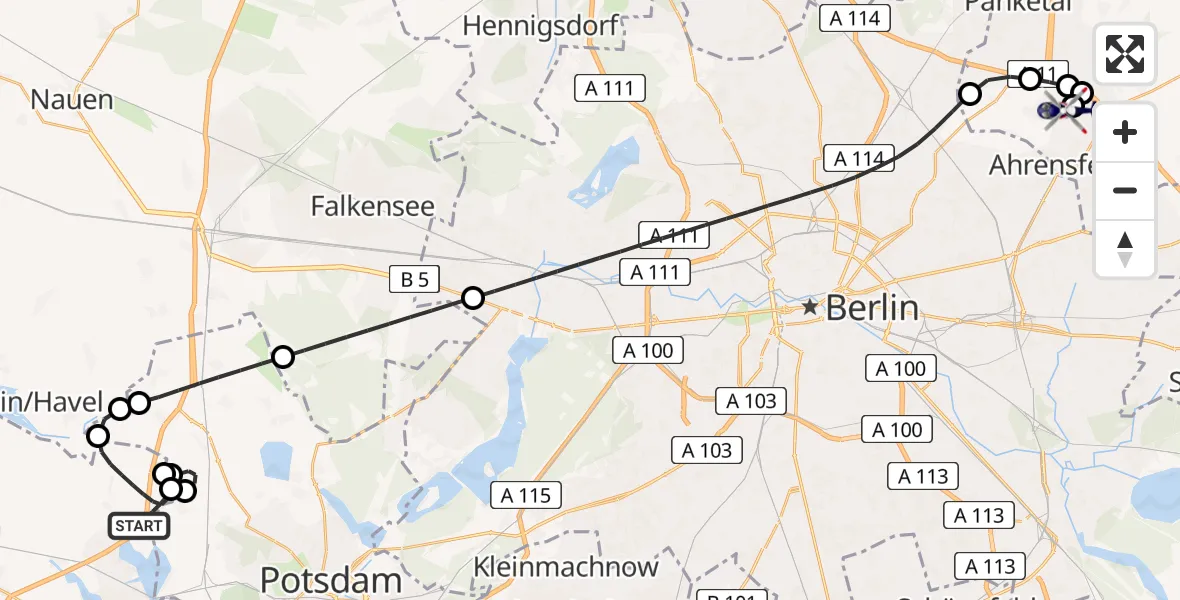 Flugroute Polizeihubschrauber Werder (Havel) - Ahrensfelde Hubschrauberlandeplatz, 05 Juni 2026, 02:06