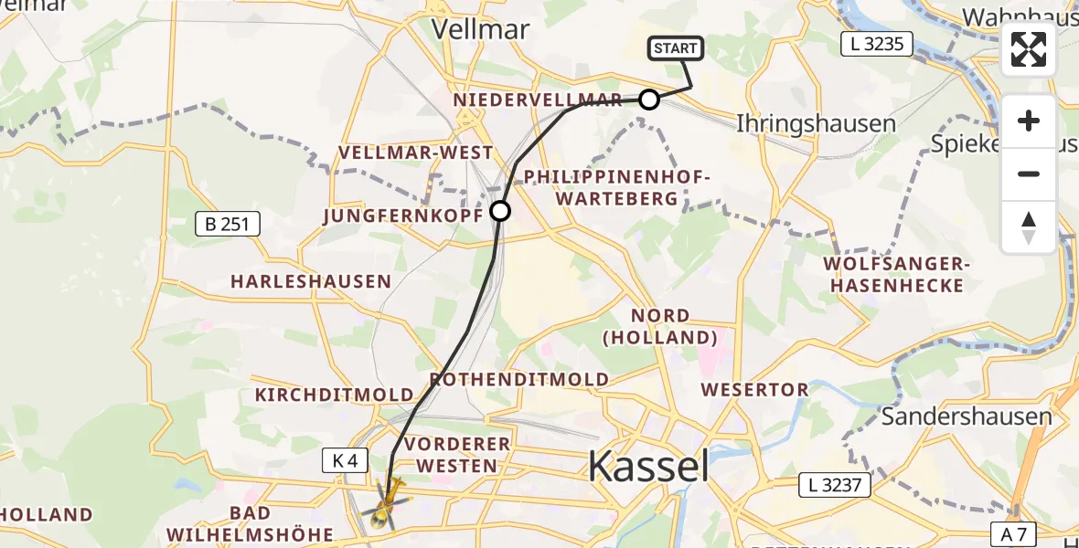 Flugroute Rettungshubschrauber Fuldatal Bundespolizei Hubschrauberlandeplatz - Kassel, 05 Juni 2026, 05:02