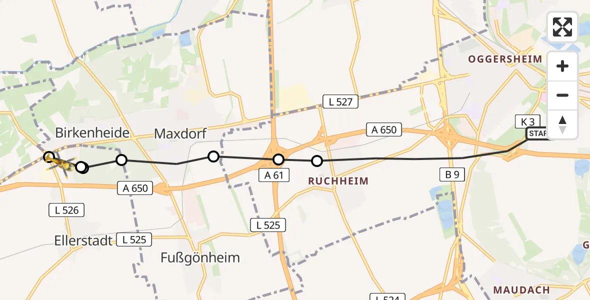 Flugroute Rettungshubschrauber Ludwigshafen am Rhein - Ellerstadt, 05 Juni 2026, 05:08