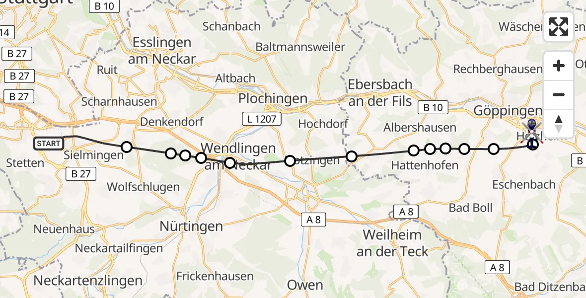 Flugroute Polizeihubschrauber Flughafen Stuttgart - Göppingen, 05 Juni 2026, 05:10