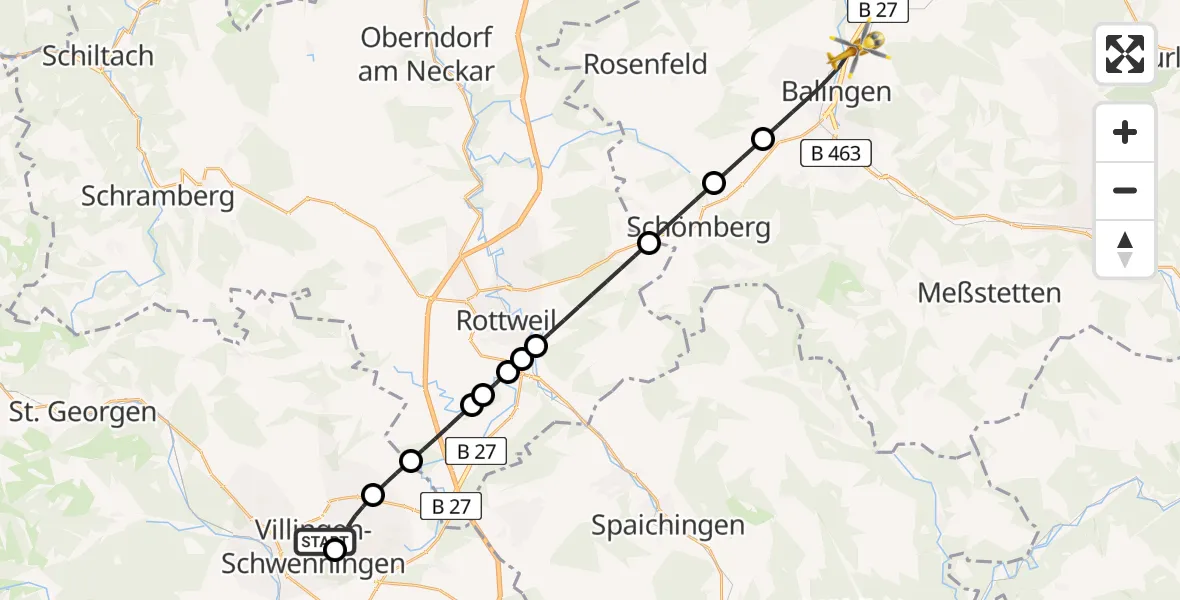 Flugroute Ambulanzhubschrauber DRF Air Rescue Station Villingen-Schwenningen Hubschrauberlandeplatz (Christoph 11) - Balingen, 05 Juni 2026, 05:42