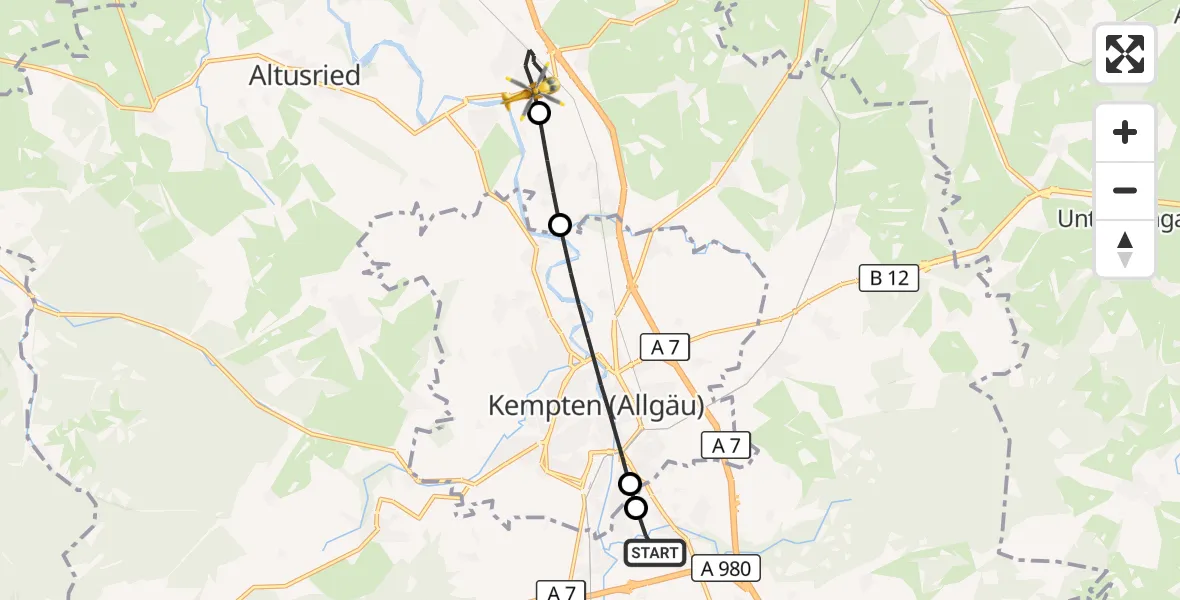 Flugroute Rettungshubschrauber Kempten-Durach Flugplatz - Dietmannsried, 05 Juni 2026, 05:46