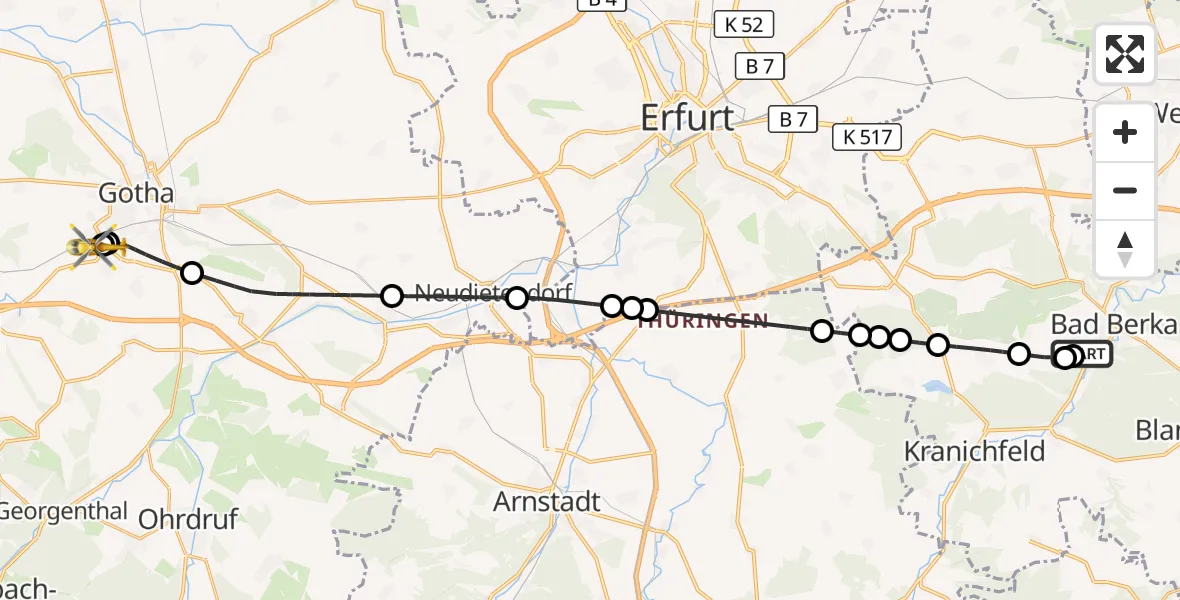 Flugroute Ambulanzhubschrauber Bad Berka Central Hospital - Helios Clinic Gotha, 05 Juni 2026, 05:49