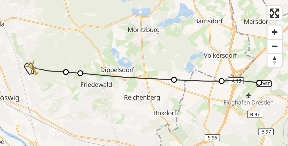 Flugroute Rettungshubschrauber Dresden Bundespolizei Hubschrauberlandeplatz - Coswig, 05 Juni 2026, 05:50