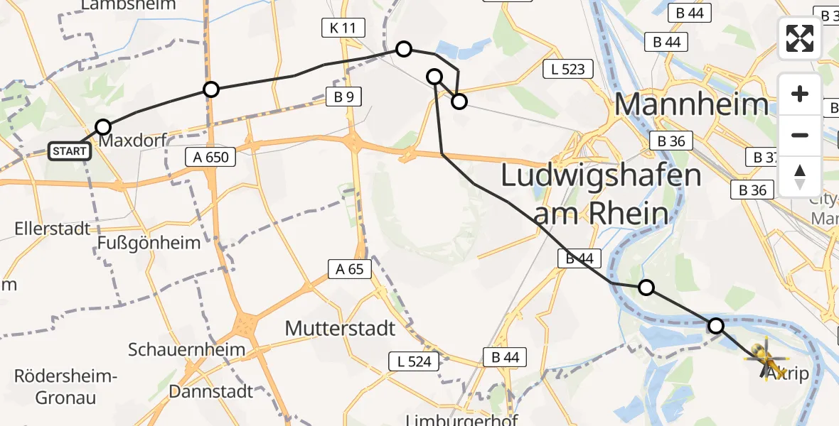 Flugroute Rettungshubschrauber Birkenheide - Altrip, 05 Juni 2026, 05:54