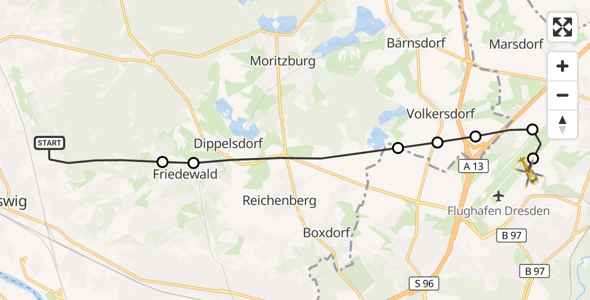 Flugroute Rettungshubschrauber Coswig - Dresden Bundespolizei Hubschrauberlandeplatz, 05 Juni 2026, 06:14