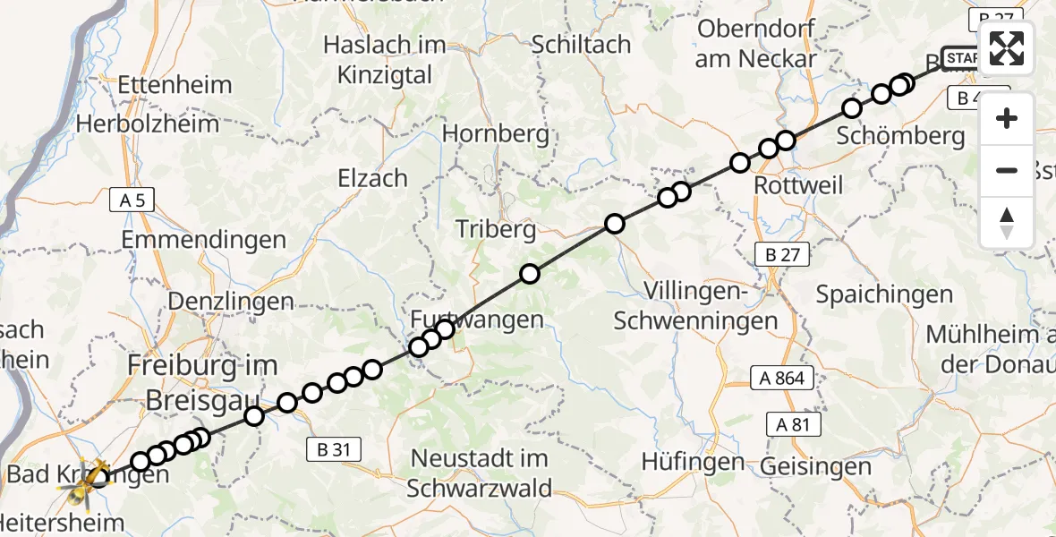 Flugroute Ambulanzhubschrauber Balingen - Bad Krozingen, 05 Juni 2026, 06:16