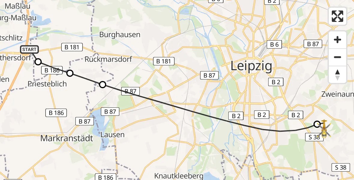 Flugroute Rettungshubschrauber ADAC Air Rescue Station Leipzig/Schkeuditz-Dölzig Hubschrauberlandeplatz (Christoph 61) - Leipzig Heart Center Rooftop Hubschrauberlandeplatz, 05 Juni 2026, 06:17