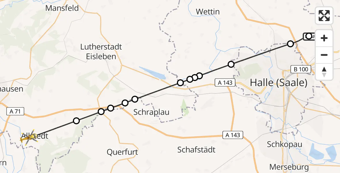 Flugroute Rettungshubschrauber Halle-Oppin Flugplatz - Allstedt, 05 Juni 2026, 06:27