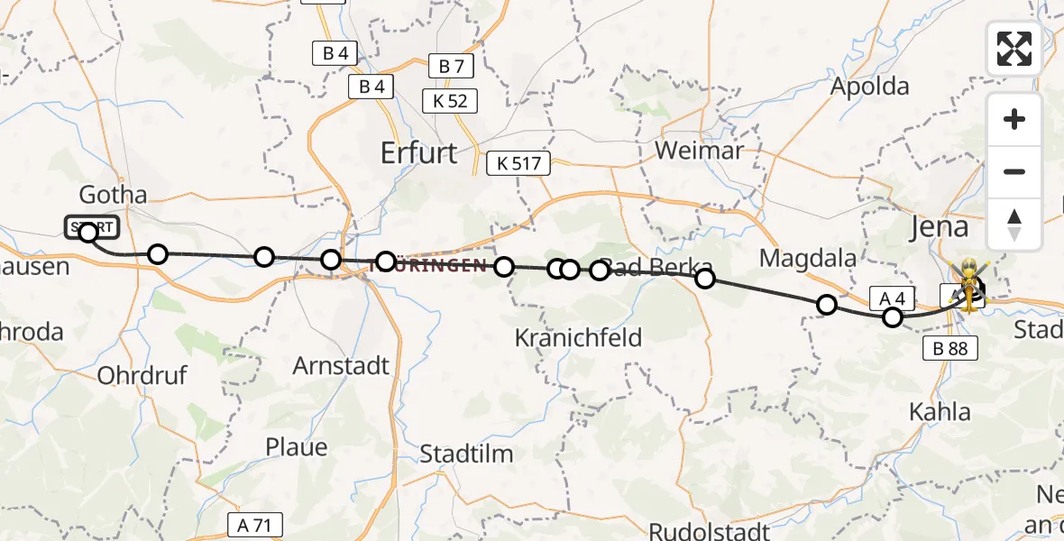 Flugroute Ambulanzhubschrauber Helios Clinic Gotha - Jena University Hospital, 05 Juni 2026, 06:28