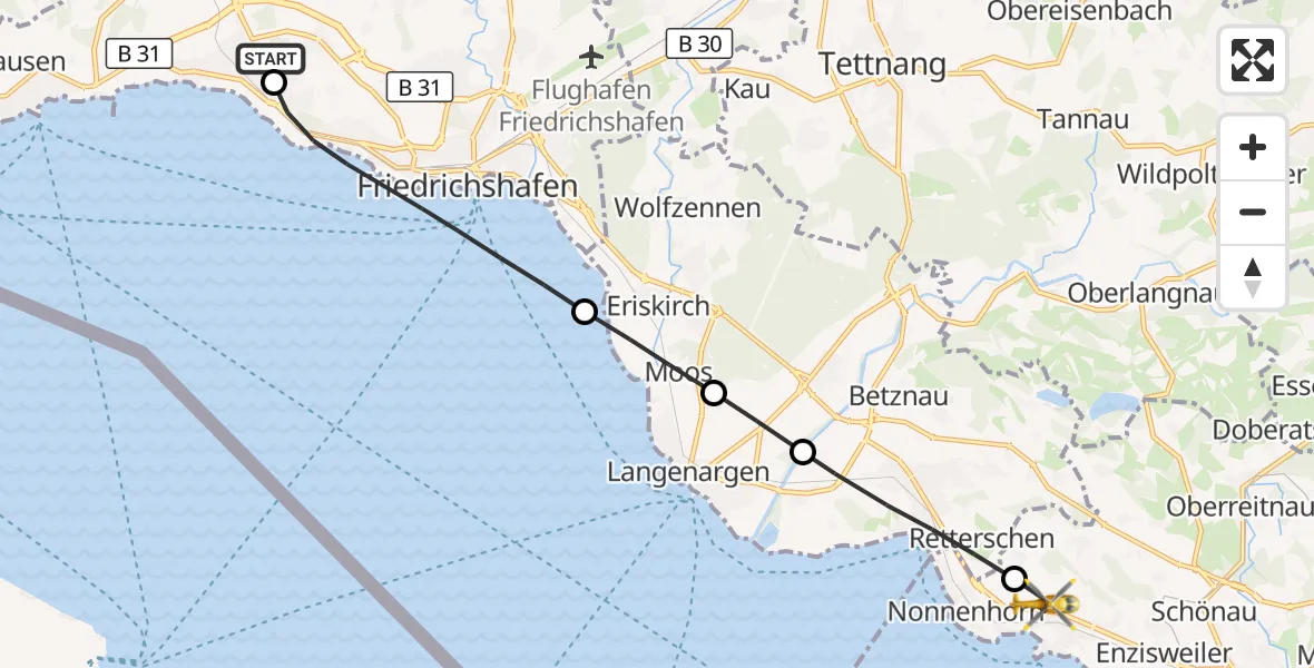 Flugroute Rettungshubschrauber Friedrichshafen Hospital - Wasserburg (Bodensee), 05 Juni 2026, 06:29