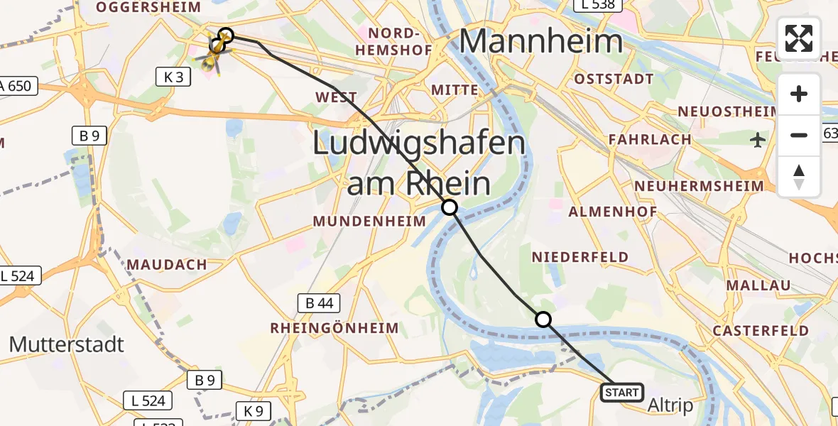 Flugroute Rettungshubschrauber Altrip - Ludwigshafen Accident Hospital, 05 Juni 2026, 06:45
