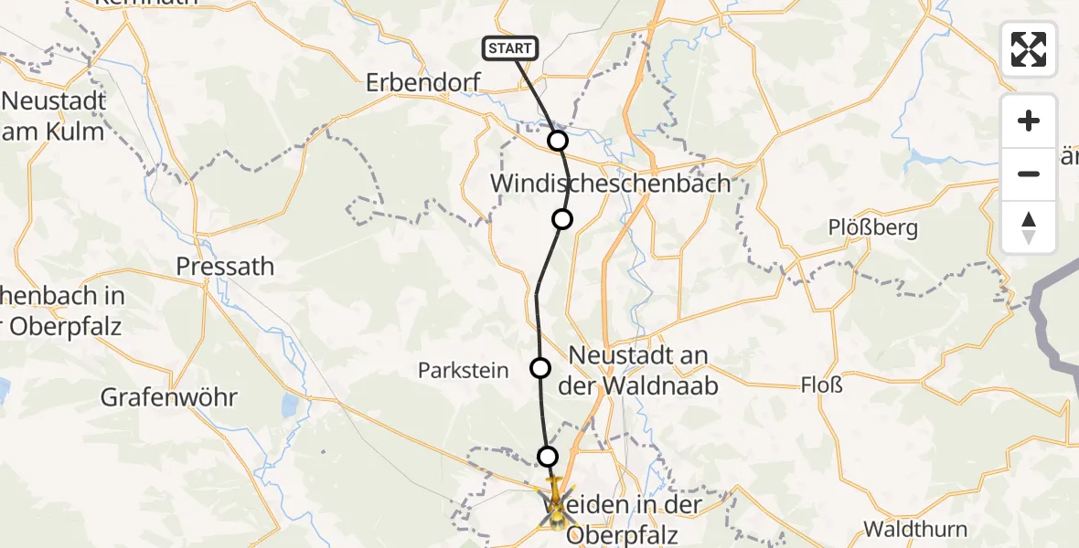 Flugroute Rettungshubschrauber Krummennaab - Weiden i.d.OPf., 05 Juni 2026, 06:48