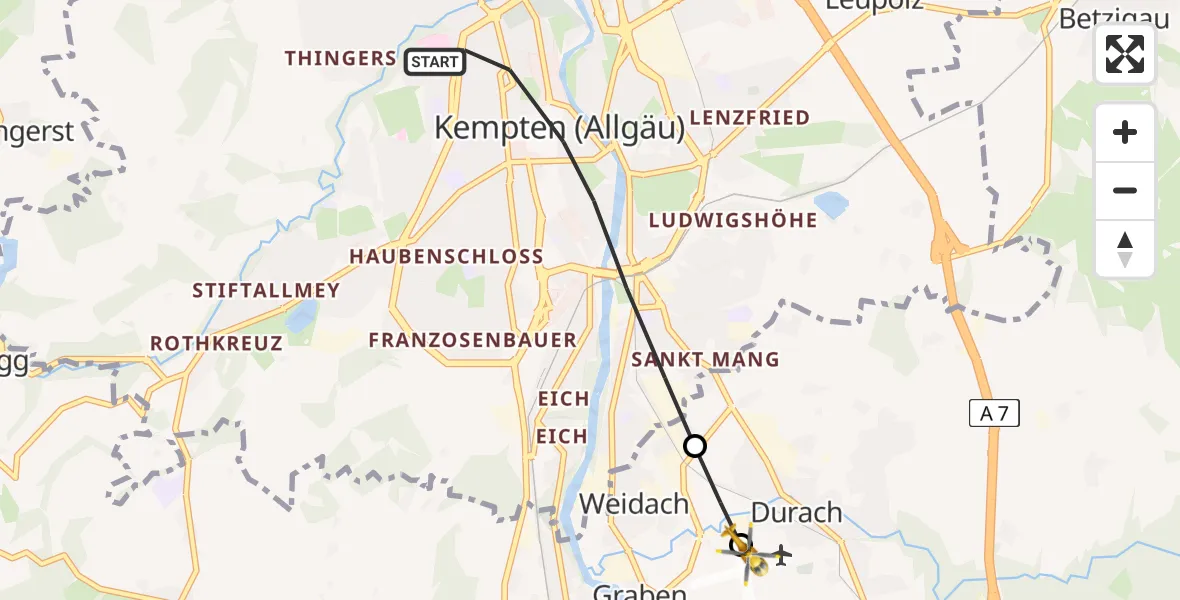 Flugroute Rettungshubschrauber Kempten (Allgäu) - Kempten-Durach Flugplatz, 05 Juni 2026, 06:53