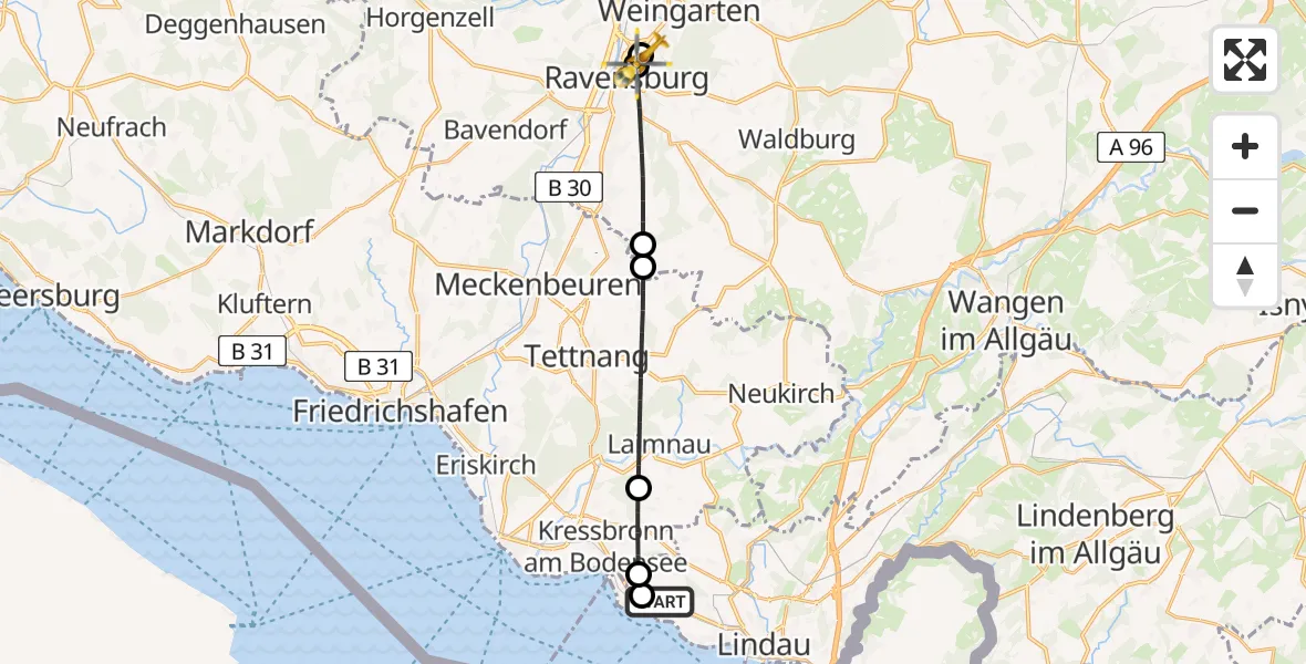 Flugroute Rettungshubschrauber Wasserburg (Bodensee) - Sankt Elisabeth Hospital, 05 Juni 2026, 06:57