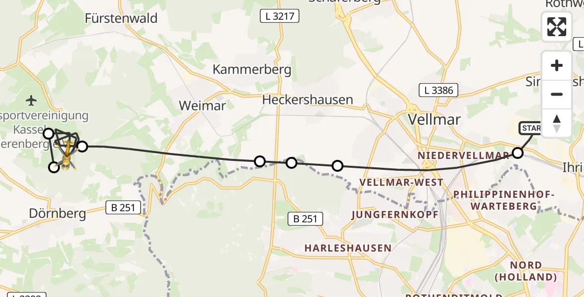 Flugroute Rettungshubschrauber Fuldatal Bundespolizei Hubschrauberlandeplatz - Zierenberg, 05 Juni 2026, 06:57