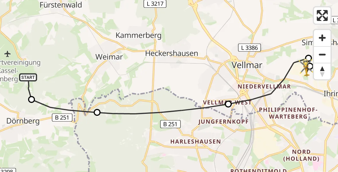 Flugroute Rettungshubschrauber Zierenberg - Fuldatal Bundespolizei Hubschrauberlandeplatz, 05 Juni 2026, 07:14