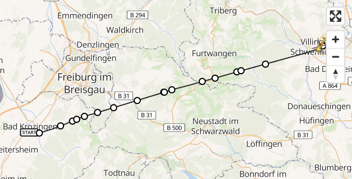 Flugroute Ambulanzhubschrauber Bad Krozingen - DRF Air Rescue Station Villingen-Schwenningen Hubschrauberlandeplatz (Christoph 11), 05 Juni 2026, 07:21