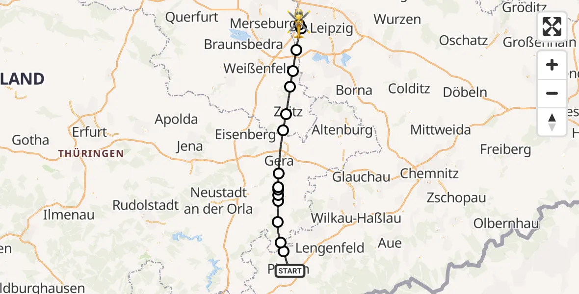 Flugroute Rettungshubschrauber Plauen - ADAC Air Rescue Station Leipzig/Schkeuditz-Dölzig Hubschrauberlandeplatz (Christoph 61), 05 Juni 2026, 07:21