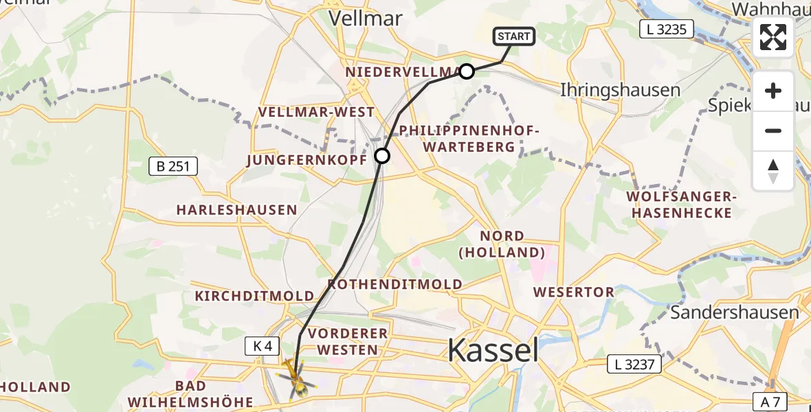 Flugroute Rettungshubschrauber Fuldatal Bundespolizei Hubschrauberlandeplatz - Kassel, 05 Juni 2026, 07:43