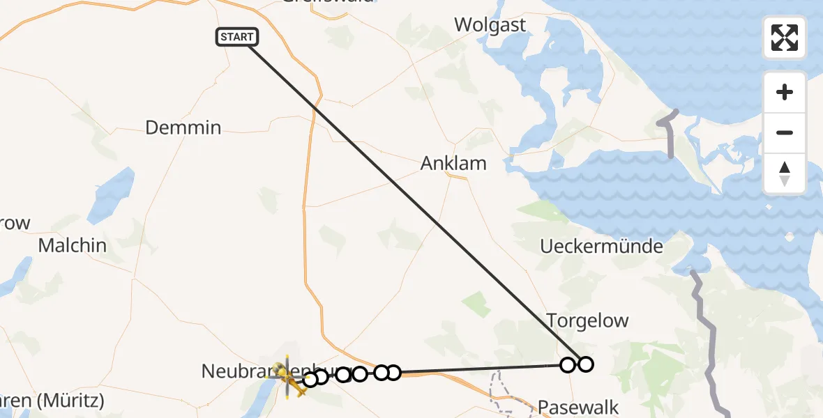 Flugroute Rettungshubschrauber Süderholz - Neubrandenburg, 05 Juni 2026, 07:43