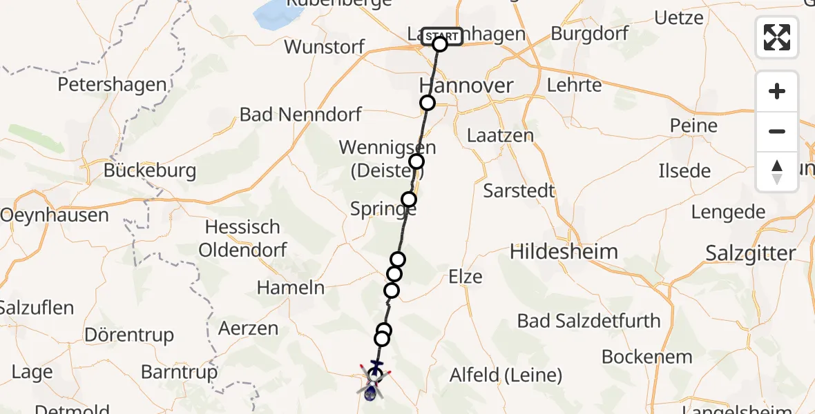Flugroute Polizeihubschrauber Flughafen Hannover - Bodenwerder, 05 Juni 2026, 07:57