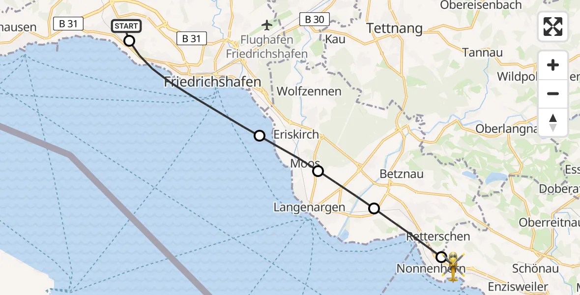 Flugroute Rettungshubschrauber Friedrichshafen Hospital - Nonnenhorn, 05 Juni 2026, 08:05