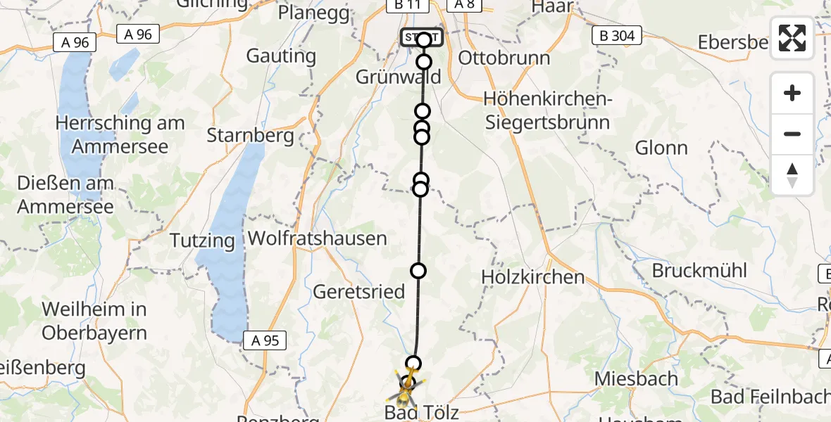 Flugroute Rettungshubschrauber ADAC Air Rescue Center Hubschrauberlandeplatz (Christoph 1) - Wackersberg, 05 Juni 2026, 08:10