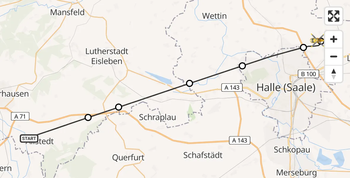 Flugroute Rettungshubschrauber Allstedt - Halle-Oppin Flugplatz, 05 Juni 2026, 08:13