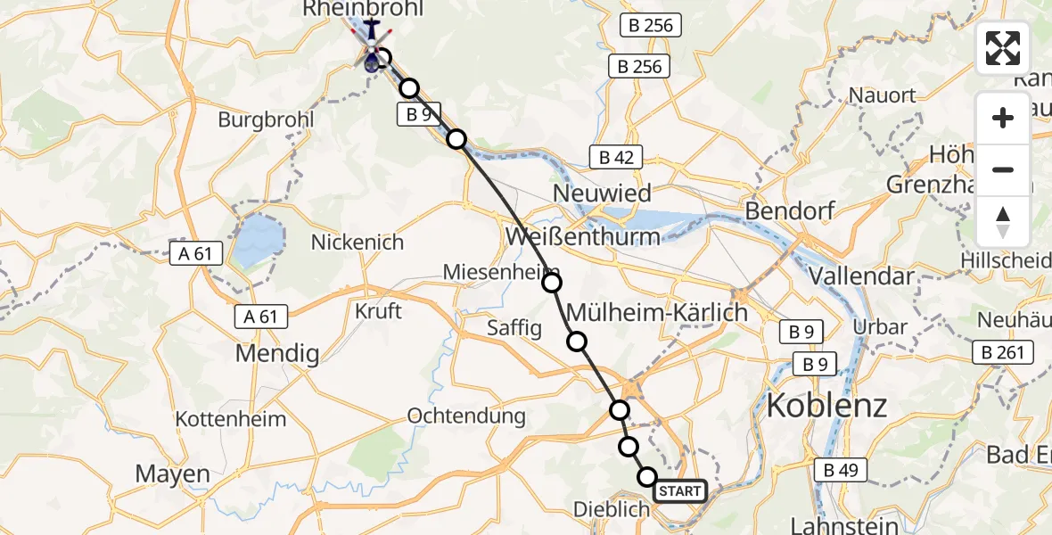 Flugroute Polizeihubschrauber Winningen - Brohl-Lützing, 05 Juni 2026, 08:15