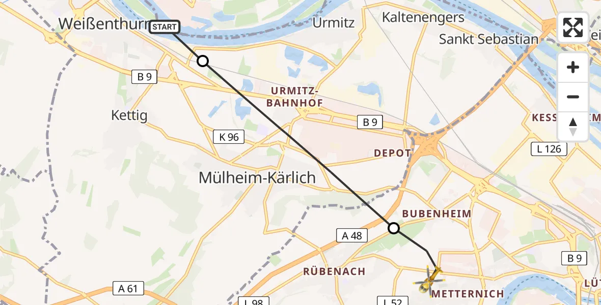 Flugroute Rettungshubschrauber Weißenthurm - Koblenz, 05 Juni 2026, 08:23