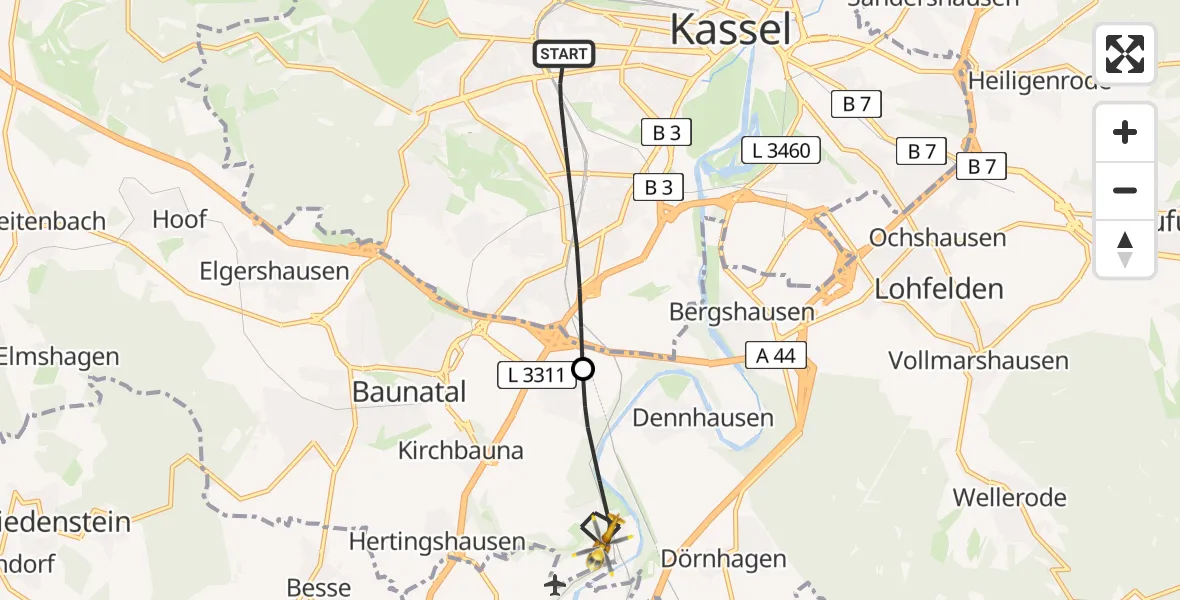 Flugroute Rettungshubschrauber Kassel - Baunatal, 05 Juni 2026, 08:29