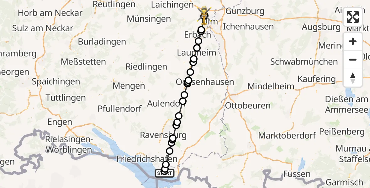 Flugroute Rettungshubschrauber Nonnenhorn - Ulm Military Hospital Emergency, 05 Juni 2026, 08:33
