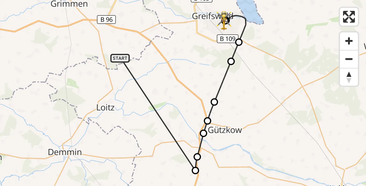 Flugroute Rettungshubschrauber Süderholz - Greifswald Hospital, 05 Juni 2026, 08:37