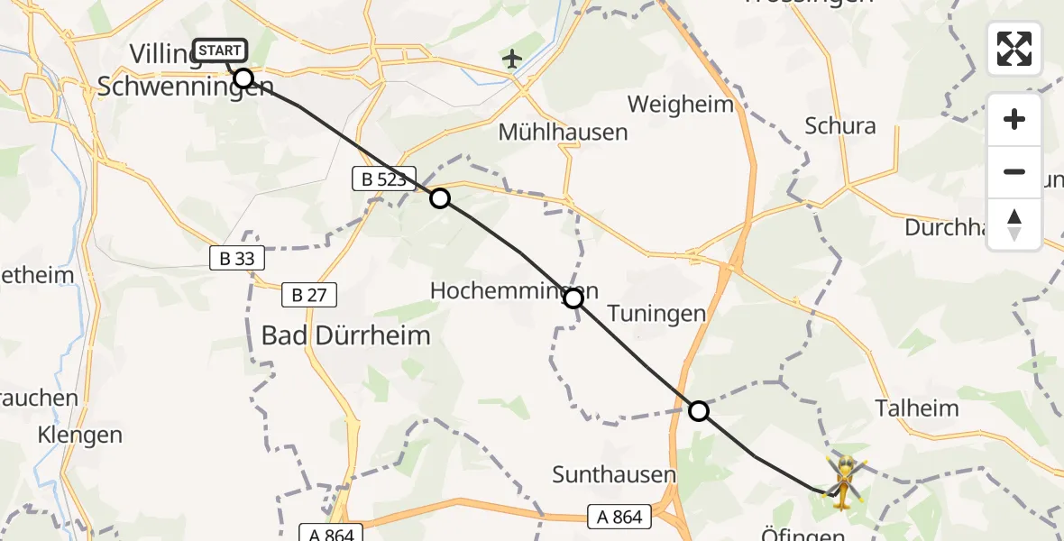 Flugroute Ambulanzhubschrauber DRF Air Rescue Station Villingen-Schwenningen Hubschrauberlandeplatz (Christoph 11) - Bad Dürrheim, 05 Juni 2026, 08:38