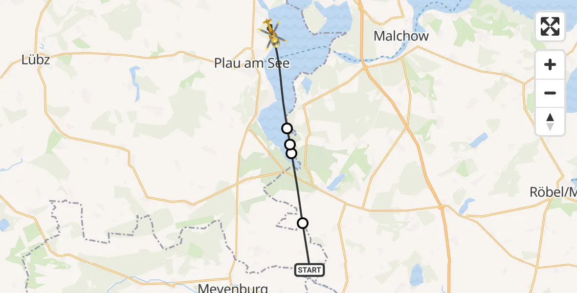 Flugroute Rettungshubschrauber Ganzlin - Plau am See, 05 Juni 2026, 08:46
