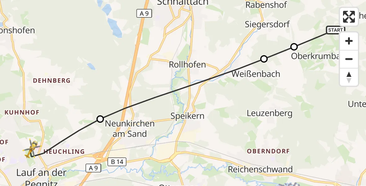 Flugroute Ambulanzhubschrauber Kirchensittenbach - Lauf a.d.Pegnitz, 05 Juni 2026, 08:49