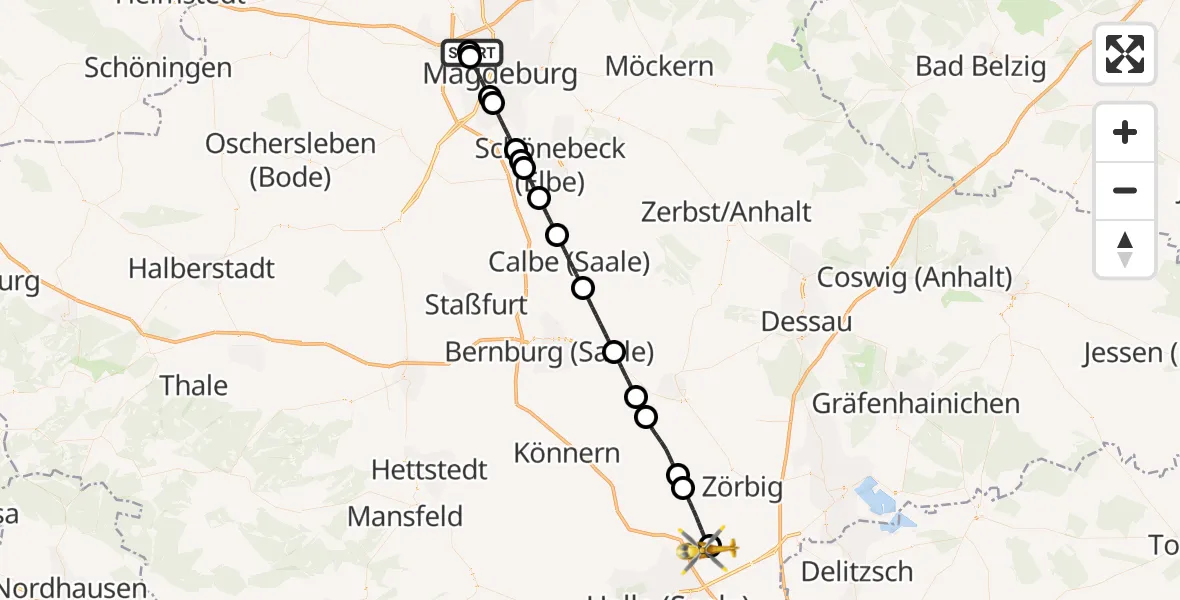 Flugroute Rettungshubschrauber Magdeburg Hospital - Halle-Oppin Flugplatz, 05 Juni 2026, 08:55