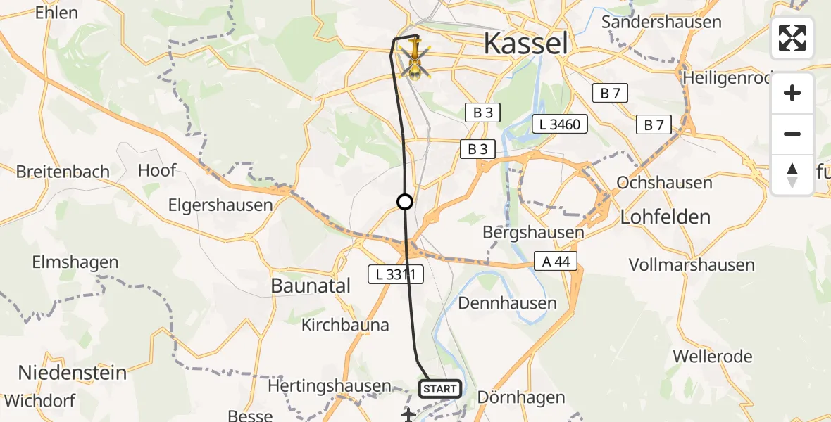 Flugroute Rettungshubschrauber Baunatal - Kassel, 05 Juni 2026, 09:06