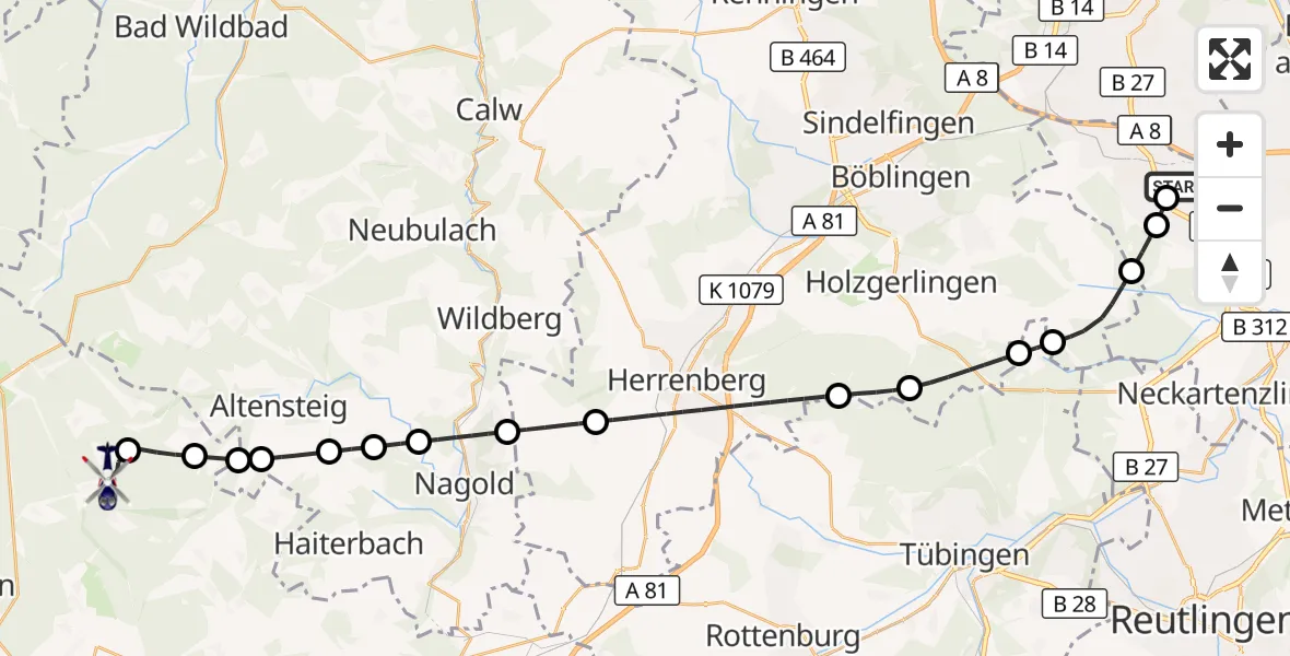 Flugroute Polizeihubschrauber Flughafen Stuttgart - Seewald, 05 Juni 2026, 09:07
