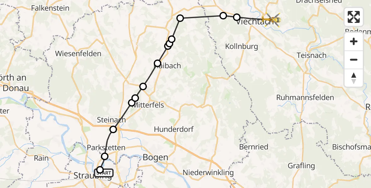 Flugroute Rettungshubschrauber Sankt Elisabeth Hospital Straubing - Viechtach, 05 Juni 2026, 09:08