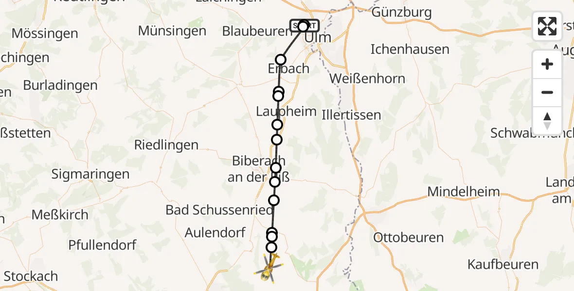 Flugroute Rettungshubschrauber Ulm Military Hospital Emergency - Bad Wurzach, 05 Juni 2026, 09:11