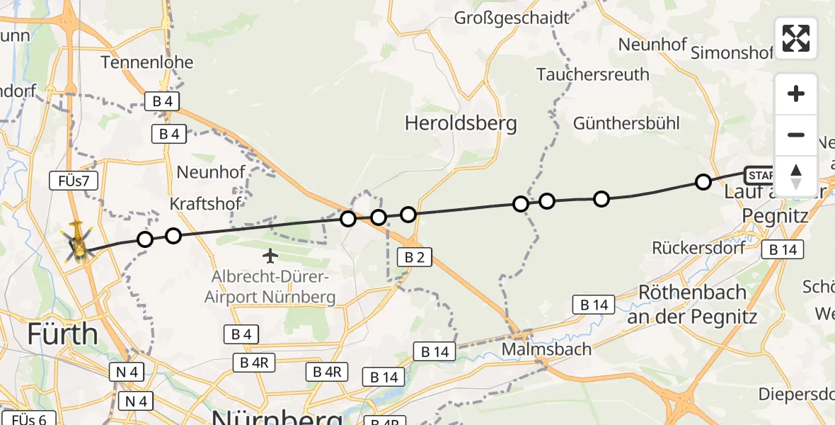 Flugroute Ambulanzhubschrauber Lauf a.d.Pegnitz - Fürth, 05 Juni 2026, 09:14