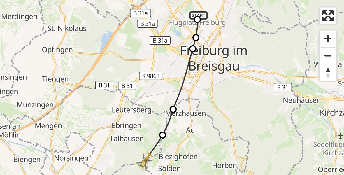 Flugroute Rettungshubschrauber Freiburg im Breisgau Flugplatz - Ebringen, 05 Juni 2026, 09:18