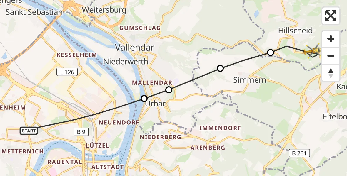 Flugroute Rettungshubschrauber Koblenz - Hillscheid, 05 Juni 2026, 09:18