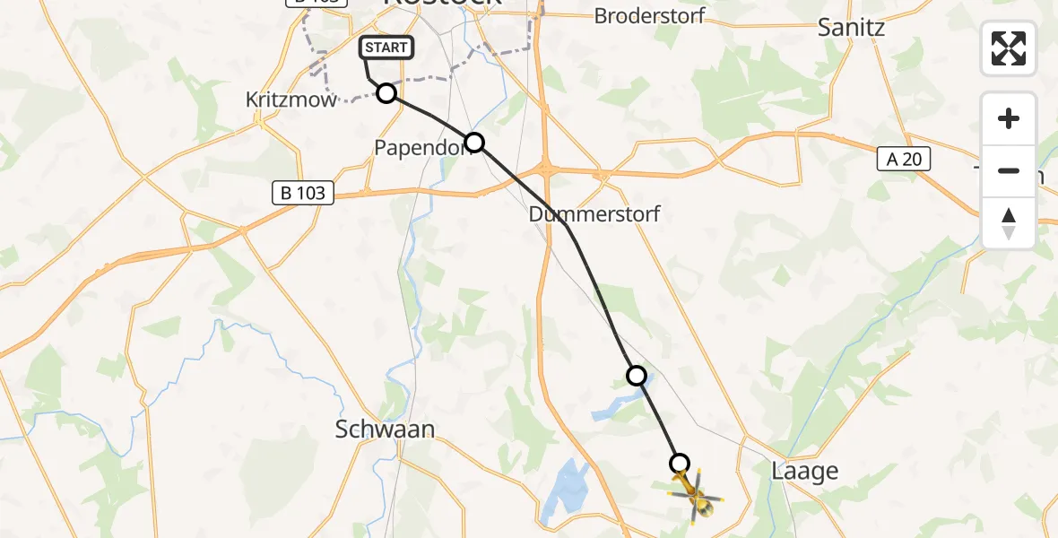 Flugroute Rettungshubschrauber Rostock - Flughafen Rostock-Laage, 05 Juni 2026, 09:30