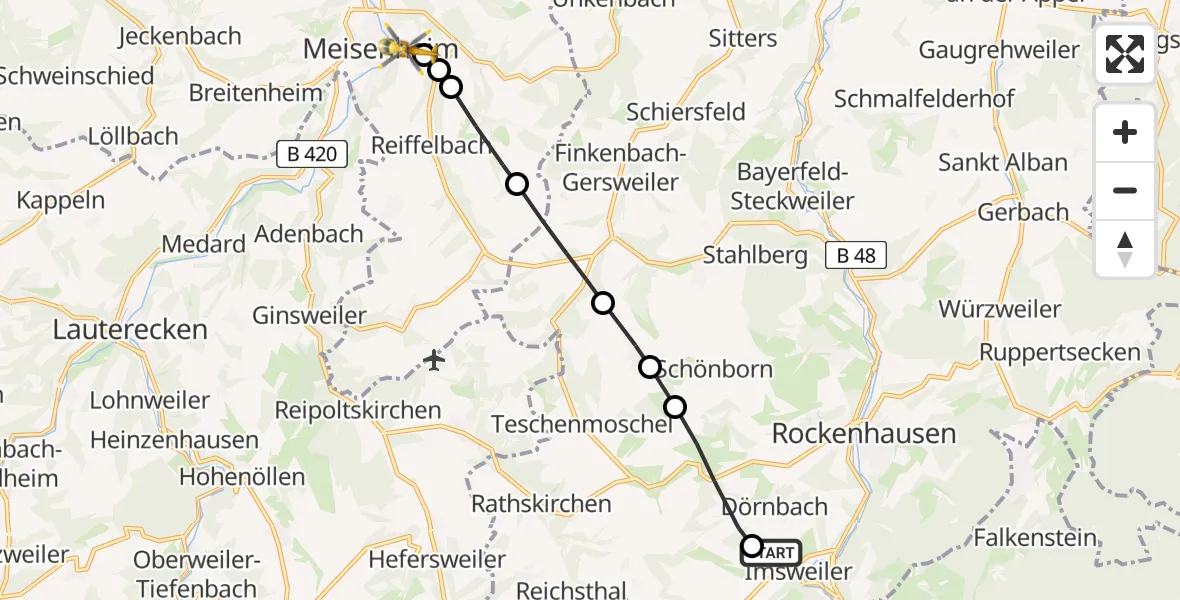 Flugroute Rettungshubschrauber Imsweiler UL - Meisenheim, 05 Juni 2026, 09:32