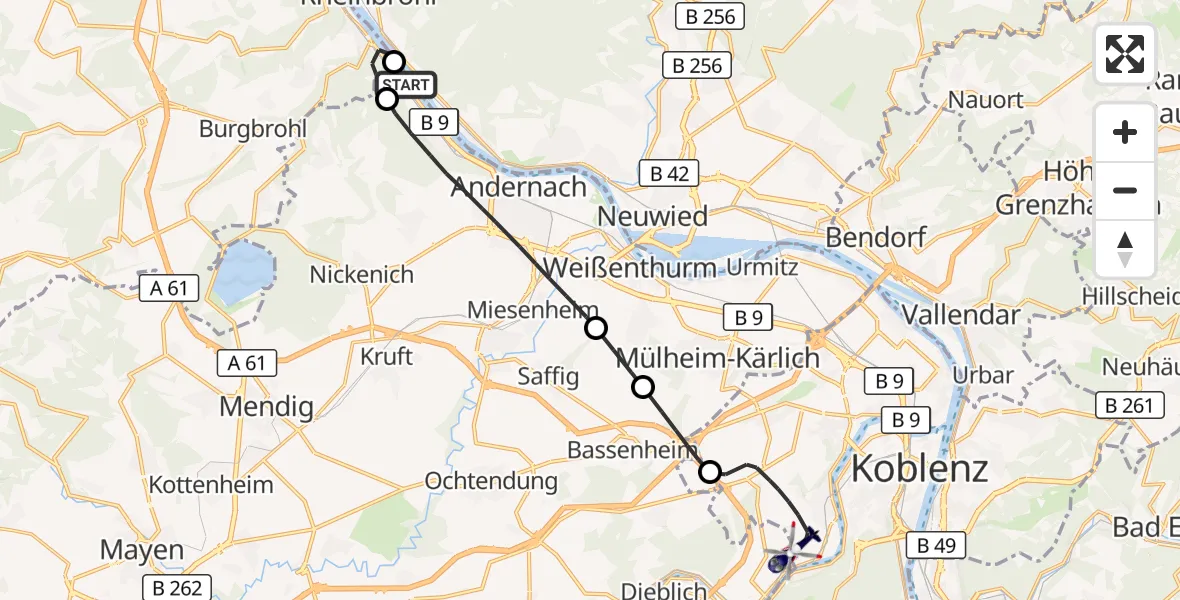 Flugroute Polizeihubschrauber Andernach - Koblenz-Winningen Flugplatz, 05 Juni 2026, 09:32